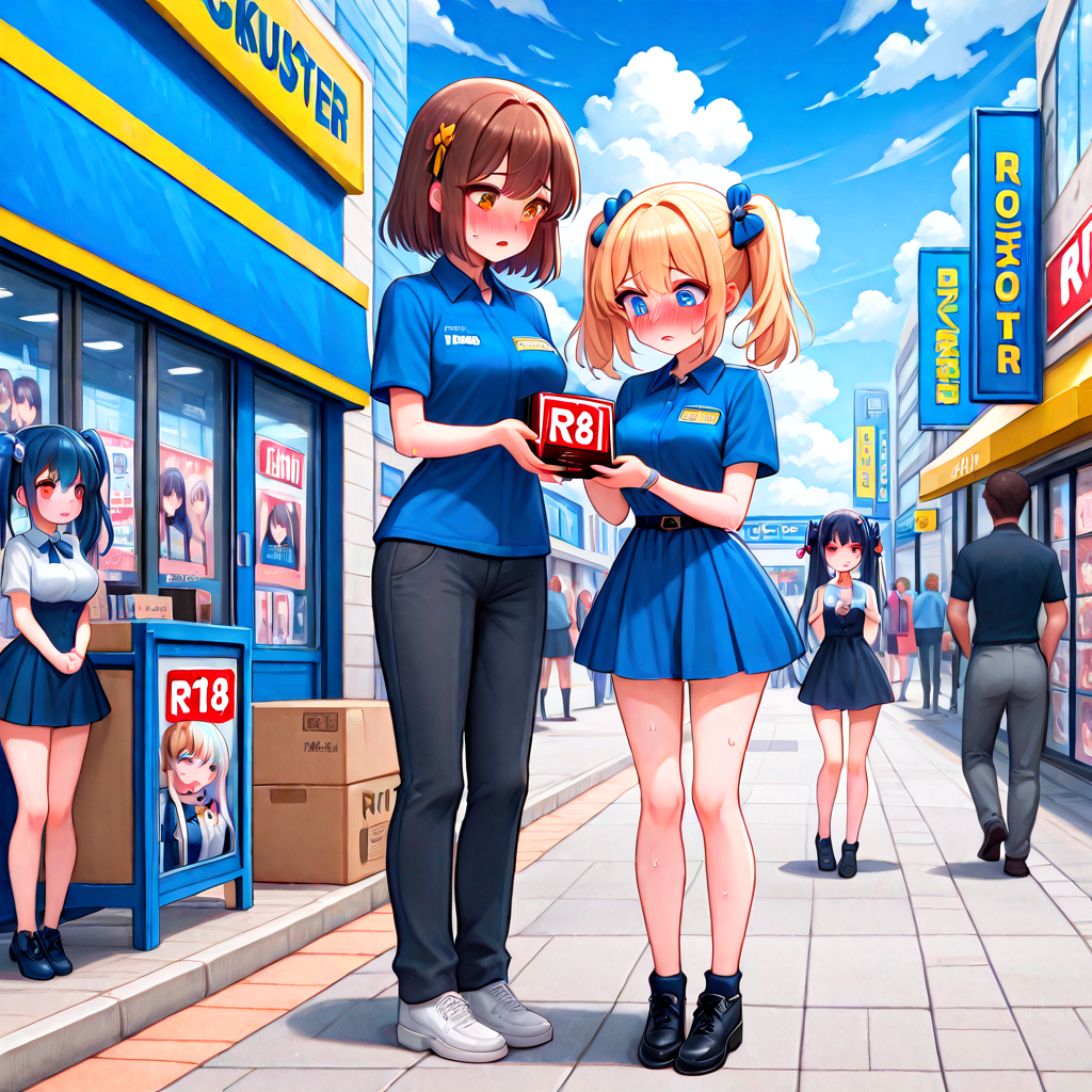 absurdres, explicit, blockbuster, storefront, huge box, R18 dvd case, holding, 2girls, a petite female, shy, blush, unhappy, angry, sweat, breasts, parted lips, twintails, short dress, a tall female, pants, employee uniform, height difference, glass wall, full body, road, shoes, signboard, R18 text poster, street, crowd, people, 6+girls, 6+boys, outdoor, sky, cloudy sky, looking down,<lora:girllikeblockbuster_ilxl:1>
