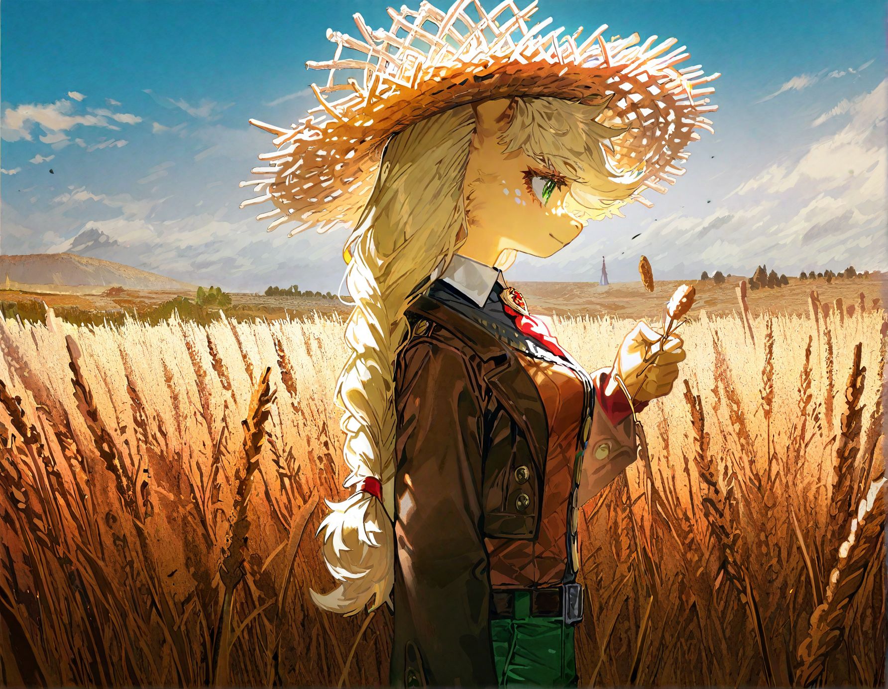 applejack , 1girl, blonde_hair , cloud ,colored_skin, furry, furry_female, long_hair,orange_skin ,outdoors, personification , solo, , wheat_field,Straw ,dot_nose, freckles, green_eyes , medium breast,
green_pants, jacket,long_hair, official_alternate_costume, open_jacket, pants, single_braid, yellow_shirt,adapted_costume , braid ,brooch ,brown_belt, brown_hat, brown_jacket, buttons, cowboy_hat ,detached_collar, knee_boots,  windy, holding own hat, from side, smile , looking at viewer,
rella, rolua,  quasarcake:0.8, negative space,  very awa,
masterpiece, best quality, Good quality, very aesthetic, absurdres, newest, (Perfect details),
<lora:ponyv5_noobV065S_1_adamW:0.8>, <lora:illustrious_noobai_epsilon_pred_1_best_quality_v1:0.7> ,<lora:illustrious_noobai_epsilon_pred_11_very_aesthetic_v1:0.7> ,<lora:illustrious_noobai_epsilon_pred_1_masterpieces_v1:0.7> , <lora:Straw_thread:1>