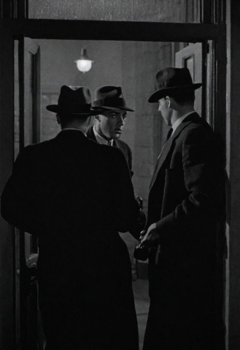 In 1950s Chicago, hotel exterior at night, several gangsters enter the front door. Captured with a 35 mm camera, black and white, classic film noir film.