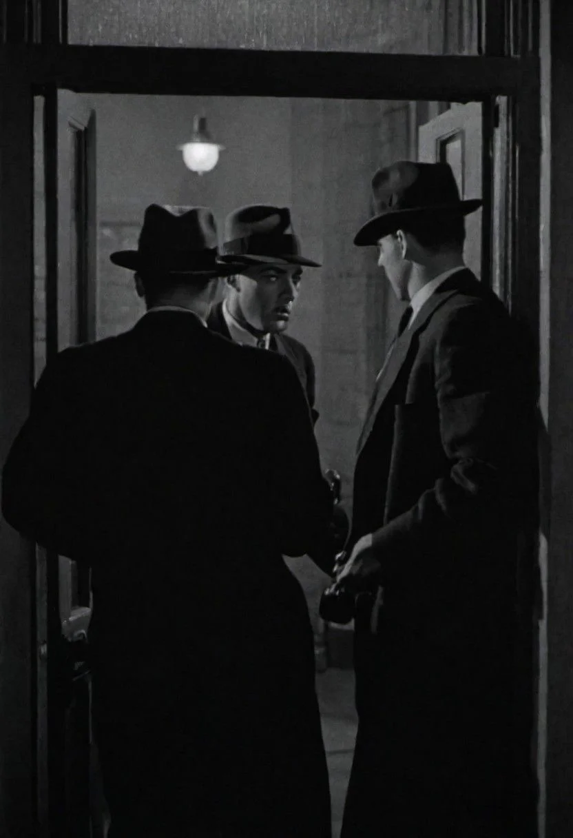 In 1950s Chicago, hotel exterior at night, several gangsters enter the front door. Captured with a 35 mm camera, black and white, classic film noir film.