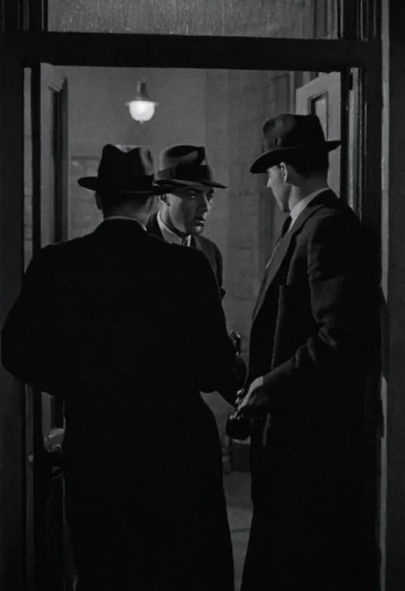 In 1950s Chicago, hotel exterior at night, several gangsters enter the front door. Captured with a 35 mm camera, black and white, classic film noir film.