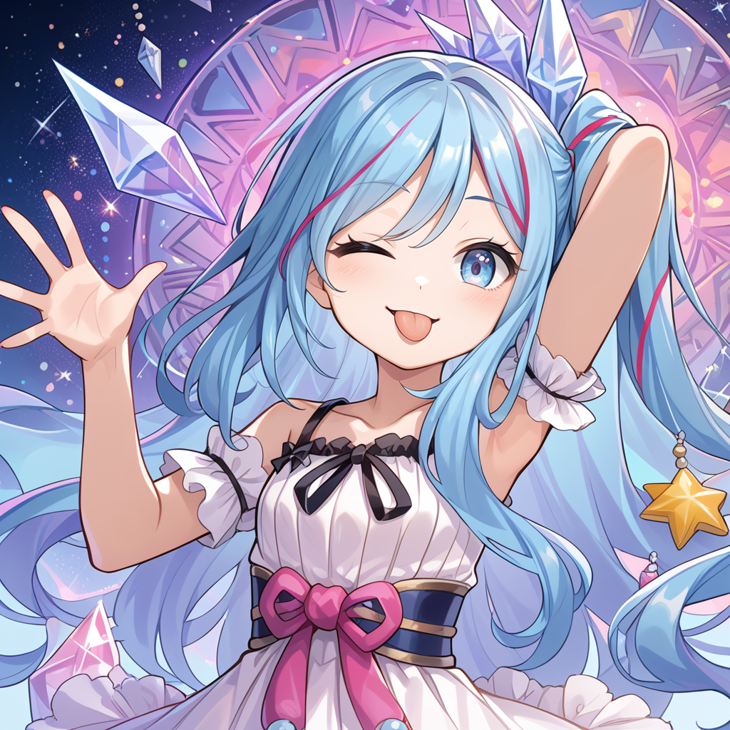 (score_9:0.9),score_8_up,score_7_up,rating_safe,anime style,(zPDXL),(zPDXL3),
<lora:Witchcrafter Madame Verre ponyXL v1:0.7>,witchcrafter madame verre, 1girl, one eye closed, tongue out, solo, looking at viewer, smile, arm behind head, > o, waving, ;q, one side up, open hand, upper body, portrait, crystal hair ornament, white sleeveless dress, official art
