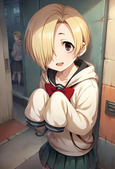 score_9, score_8_up, score_7_up, source_anime,shirasaka koume, blonde hair, hair over one eye, short hair, brown eyes, sleeves past wrists, jewelry, earrings, smile, open mouth, looking at viewer, skirt, hood, bags under eyes, solo focus, 1girl
