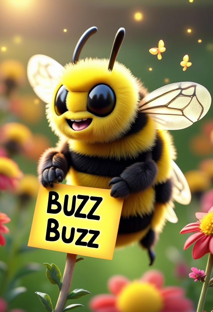Masterpiece, absurdres, Expressiveh, slight bokeh, SFW, A cute anthromorphic bumblebee smiling and holding a small sign that reads "BUZZ BUZZ" , flowers in the background, beautiful backyard, <lora:buzz-text:1>