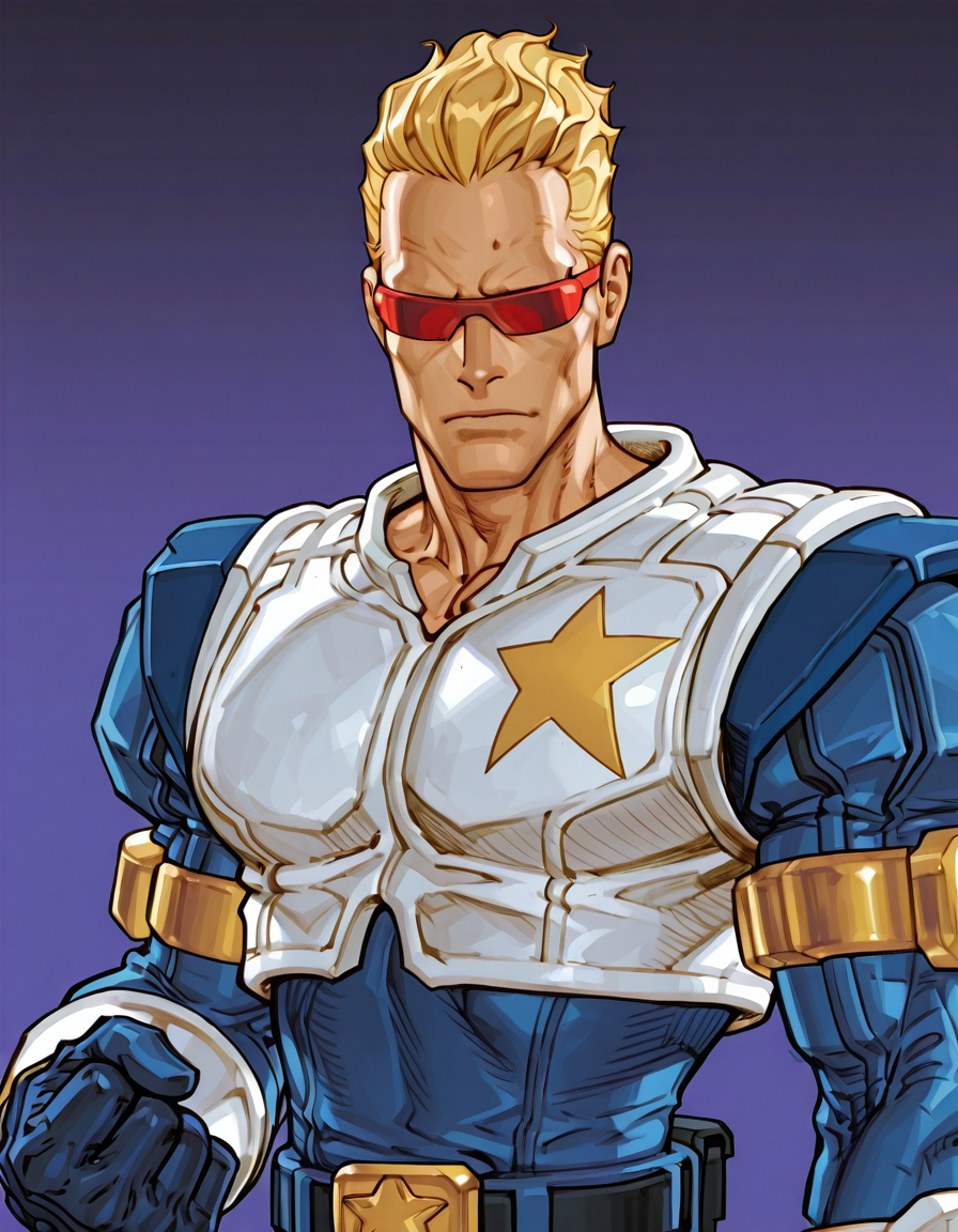 <lora:Captain_Commando_Illustrious:0.8>1boy, male focus, solo, blonde hair, red sunglasses, gloves, upper body, captain commando,   <lora:AKinuNishimura_Style:0.8> NishimuraXL,