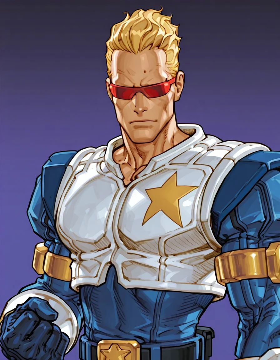 <lora:Captain_Commando_Illustrious:0.8>1boy, male focus, solo, blonde hair, red sunglasses, gloves, upper body, captain commando, <lora:AKinuNishimura_Style:0.8> NishimuraXL,
