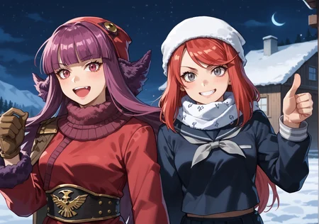 score_9, score_8_up, score_7_up, source_anime,high detail, detailed face,2girl,night,snow mountain,blizzard,depth of field,shoulder to shoulder,two women arm in arm,eye contact,
BREAK mohshuvuusmt, hat, purple hair, long hair, blunt bangs, coat, fur trim, boots, gloves,<lora:zs_MohShuvuuXL:1>,laugh,
BREAK airi, hat, scarf, school uniform, dorm,red hair, grey eyes, long hair,<lora:Airi_BanDevil_survivorSMT_PONY:1> ,thumbs up,smile,