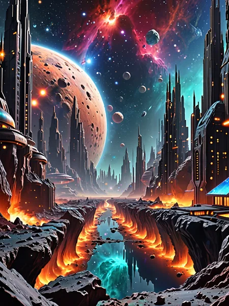 fantasy illustration style, city on an asteroid nebula and the vastness of space as a background, best quality, 4k, vivid colors <lora:addMoreDetails:1> Ultra details++ , add more details