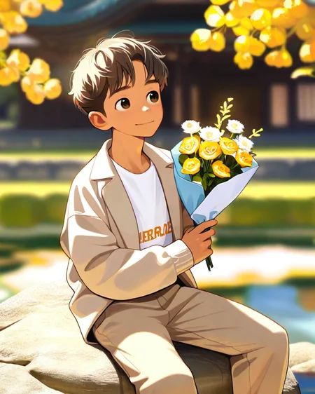 masterpiece, best quality, amazing quality, 1boy, solo, masterpiece, best quality, young man sitting on a rock, relaxed posture, casual outfit (beige jacket, white t-shirt, beige trousers), short dark hair, holding a small bouquet of flowers, slight smile, looking at the camera, outdoor setting, blurred background with architecture, candid lifestyle photography, shallow depth of field, bright and even lighting, sunny day, volumetric lighting, <lora:Bree_Style-000019:0.6>, breeze style