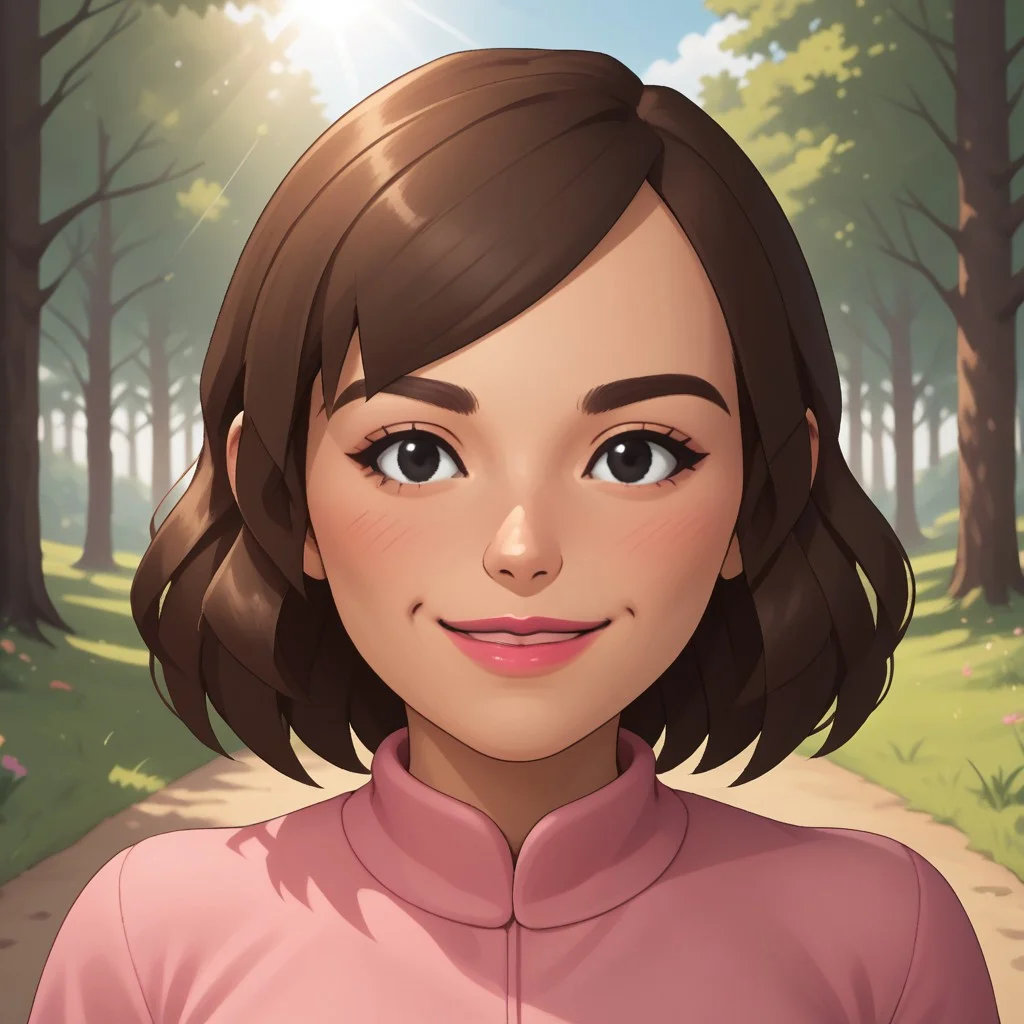 score_9, score_8, BREAK, solo, mii, wii u, female mii, 1girl, wii sports club, mature woman, brown hair, blush, black eyes, pink lips, lipstick, pink clothing, black pants, shoes, Masako_(\Wii_Sports_Club\), cute, medium breasts, Nintendo Mii, modern_mii, classic_mii, facial feature, sexy pose, smile, outdoors, sunlight, shadows, evening lighting, natural lighting, forest, trees, grass, orange sky, sunset