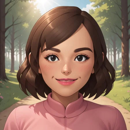 score_9, score_8, BREAK, solo, mii, wii u, female mii, 1girl, wii sports club, mature woman, brown hair, blush, black eyes, pink lips, lipstick, pink clothing, black pants, shoes, Masako_(\Wii_Sports_Club\), cute, medium breasts, Nintendo Mii, modern_mii, classic_mii, facial feature, sexy pose, smile, outdoors, sunlight, shadows, evening lighting, natural lighting, forest, trees, grass, orange sky, sunset