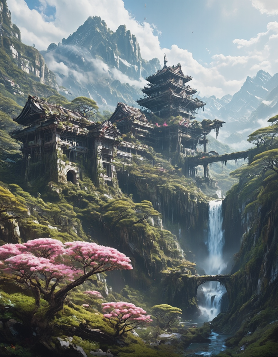 <lora:SWL_Stations1flux:1> lostst1, cyberpunk, sea, mountains, aerial view, scientific complex, trees, waterfall, jungle, above an old stone temple, cherry blossom,