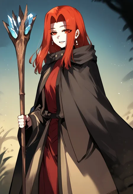 zPDXL3, score_9_up, score_8_up, score_7_up, (Anime_source), 1girl, ValeriaHister, red eyes, res hair, long hair, Valeria clothes, holding staff, Hister staff, parted lips, smile, looking at viewer, from side, cowboy shot