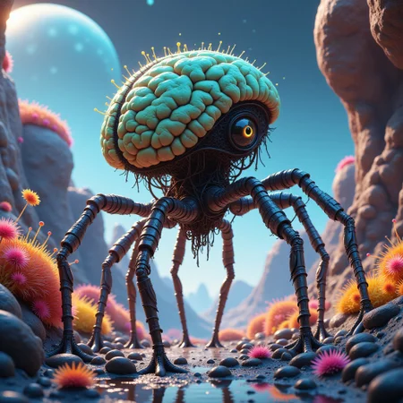 Create a 8K photorealistic scene featuring an alien life form characterized by a brain perched atop mechanical spider legs. Place this entity in an extraterrestrial environment with vibrant, otherworldly landscapes. The setting should convey a sense of the alien and unknown, with unusual plant life, distant celestial bodies, and a palette of colors that evoke the mysteries of space. The mechanical spider legs should appear intricate and advanced, indicating both intelligence and adaptation to this unfamiliar terrain. Capture the eerie but awe-inspiring essence of this alien existence, highlighting the contrast between organic and mechanical forms in a harmonious yet surreal composition.