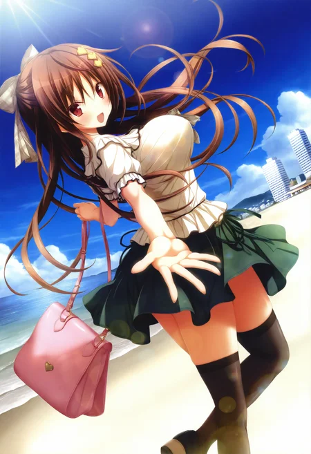 1girl, thighhighs, outdoors, brown hair, solo, long hair, day, open mouth, beach, looking at viewer, smile, breasts, skirt, bag, handbag, looking back, black thighhighs, large breasts, brown eyes, sky, hair ornament, :d, building, blush, sunlight, ribbon, short sleeves, lens flare, shirt, red eyes, bow, blue sky, outstretched hand, cloud, white shirt, shoes, hair bow, sand, floating hair, water, ocean, blouse, light rays, green skirt, shore, sunbeam,
masterpiece,best quality,newest,absurdres,highres,very awa,<lora:koku1_noob1.1-000175:0.9>,
