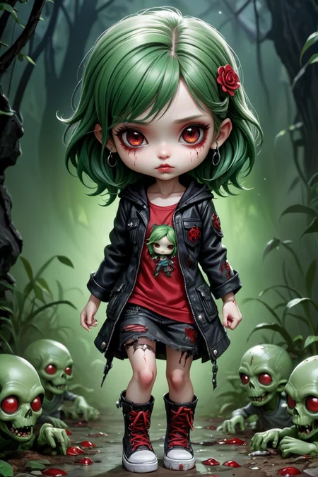 Zombie Chibi Girl,
Red Eyes,
Green colored skin, wearing damaged clothes,
Dark comic,
by Anne Stokes
Jasmine Becket-Griffith
Todd Lockwood
Ross Tran
Julie Bell