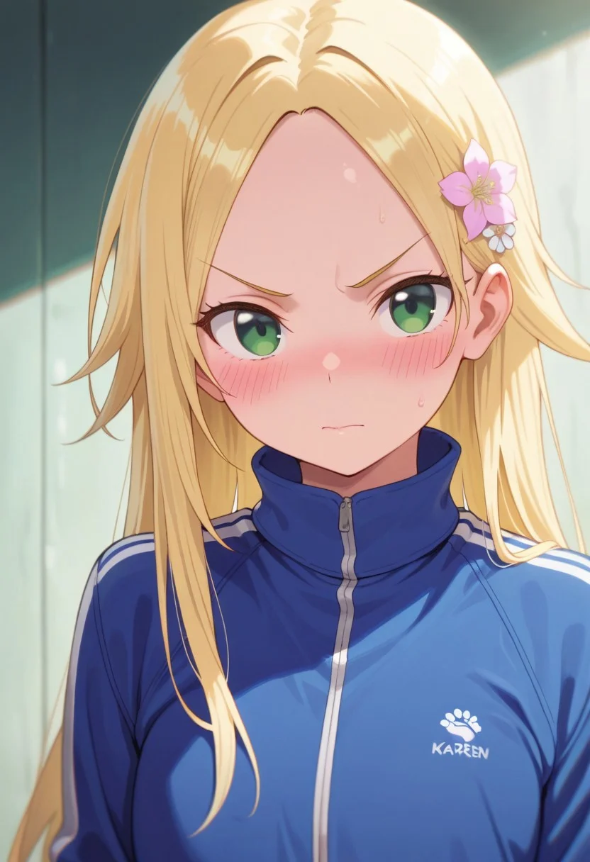 masterpiece,best quality,amazing quality, matsugazaki karen, blonde hair, green eyes, long hair, 1girl, solo, hair ornament, looking at viewer, jacket, v-shaped eyebrows, flower, hair flower, closed mouth, blush, track jacket, blue jacket