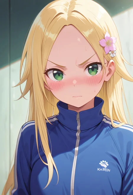 masterpiece,best quality,amazing quality, matsugazaki karen, blonde hair, green eyes, long hair, 1girl, solo, hair ornament, looking at viewer, jacket, v-shaped eyebrows, flower, hair flower, closed mouth, blush, track jacket, blue jacket