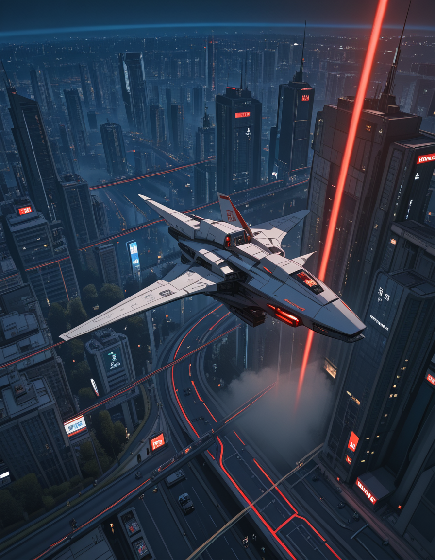 <lora:City_Worlds_01_Effects_illc:1> photo, ambiance, bokeh, buildings, city lights, citybkg, cyberpunk, day, dense moving fog on sideways, design buildings, detailed, elevated highway, epic scale, far above view, forest, futuristic, high buildings, illuminated, illuminated spaceship interior parts, kanji, light effects, many road levels, marble, mist, night, partial view of a huge planet in the far background, phot16, spaceship flying, spaceships closeup, street, street marking, street shop, streets, sunny, traffic, vegetation, vertical red light beam on building