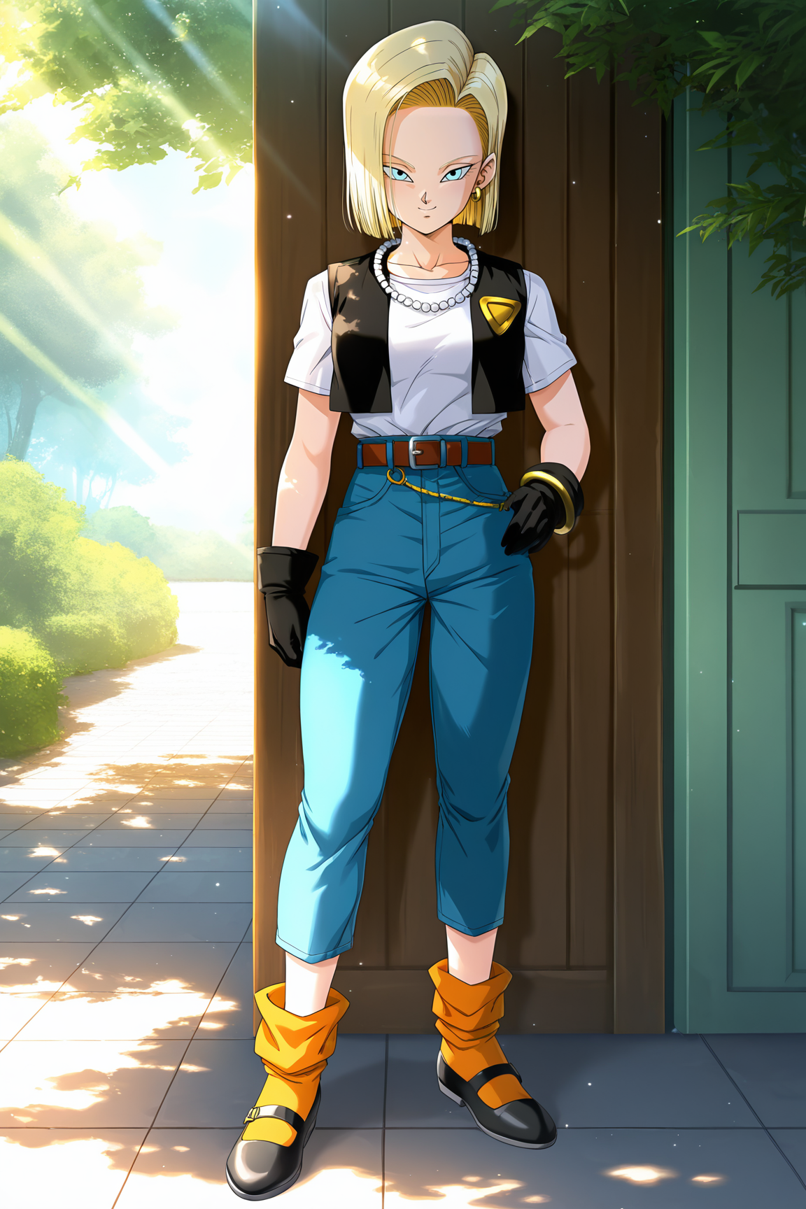 masterpiece, best quality, amazing quality, very aesthetic, absurdres, newest, (scenery, volumetric lighting), dappled sunlight, light particles, light rays, lens flare, android 18, cell_saga, 1girl, solo, short hair, smile, blue eyes, blonde hair, gloves, jewelry, full body, earrings, black gloves, brown belt, pants, necklace, vest, bracelet, denim, jeans, mary janes, loose socks, high-waist pants, badge, black vest, gold bracelet, orange socks, gold chain, shirt tucked in, white shirt, black footwear <lora:android_18_v3-10:0.8>