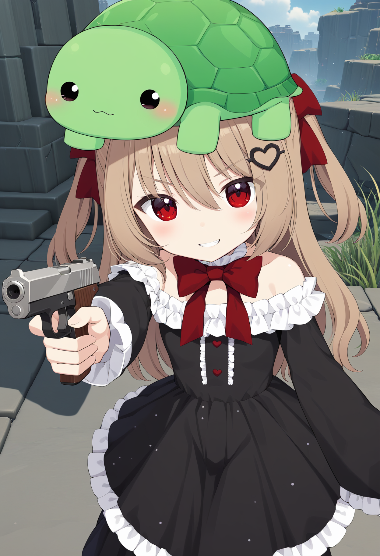 1girl, evil neuro-sama, (yuzu modoki:1.22), black heart, animal on head, turtle with evil grin, red eyes, devious smile, red bow, (leaning to the side),  frilled dress, frilled choker, frilled sleeves, turtle, black dress, off-shoulder dress, bare shoulders, standing, (foreshortening:1.22), reaching out, (holding handgun:1.22), (pointing handgun at viewer), dark red ribbon, hair ribbon, two side up, red buttons, heart hair ornament, long sleeves, sleeves past wrists, light brown hair, cowboy shot, natural lighting, (masterpiece, best quality), outdoors, detailed scenery, (3d render:0.4), highly detailed, finely detailed <lora:neurosama_animaginexl_3-15:0.7>