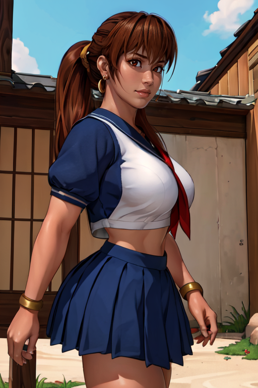 masterpiece,best quality,extreme detail,8k,<lora:kasumi-10:0.8>,kasumi2, 1girl, solo, long hair, brown hair, brown eyes, jewelry, school uniform, ponytail, earrings, sky, serafuku, day, realistic