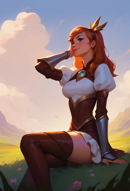 zPDXL3, score_9, score_8_up, score_7_up, score_6_up, score_5_up, score_4_up, source_anime, 1girl, solo, Lux from league of legends, hairband, cute dress, puffy sleeves, gauntlets, brown thigh highs, thigh boots, smile, adjusting hair, looking forward, sky, sitting on lawn, massive landscape, from below