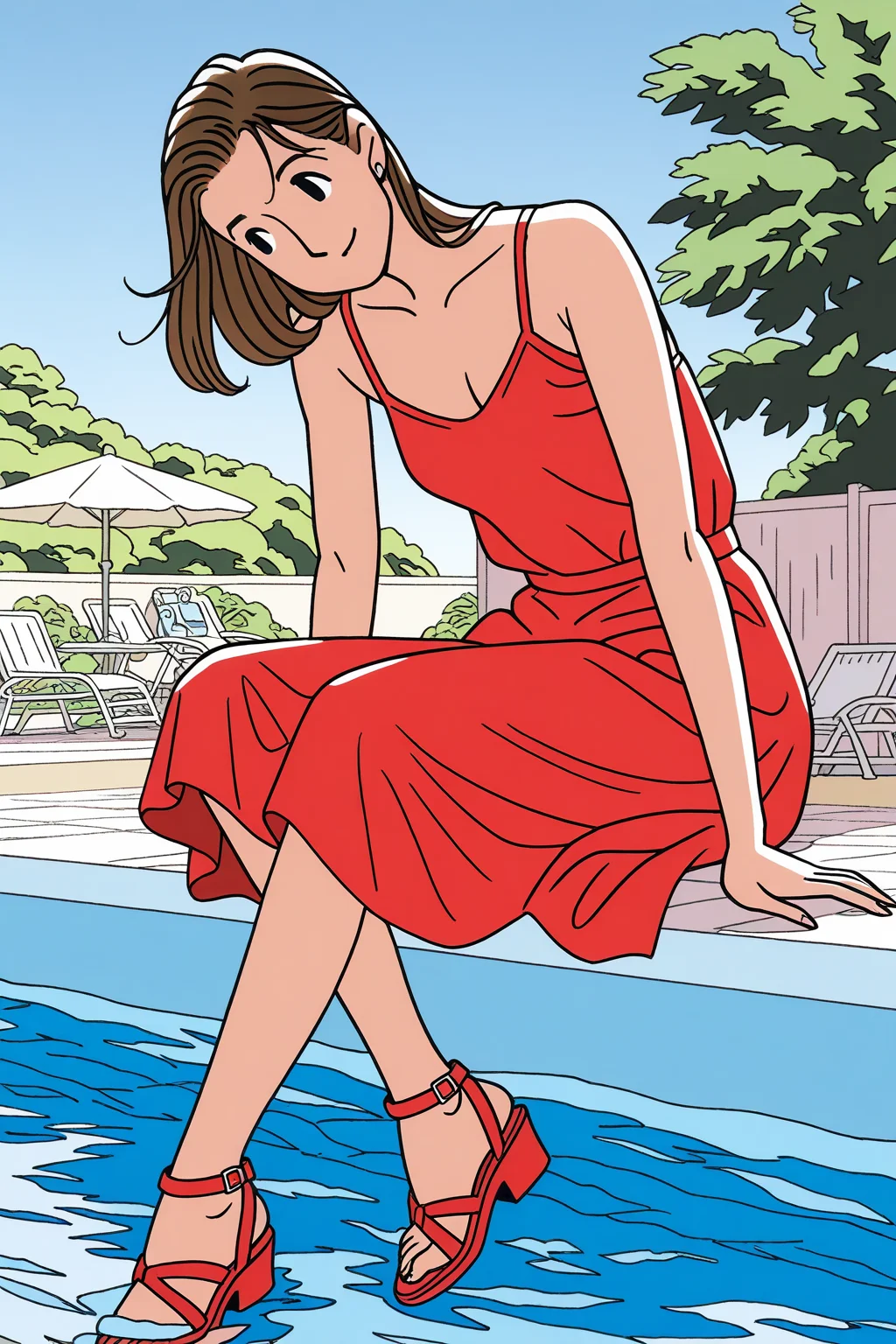 wataseizo,1girl,A digital drawing depicts a young woman with short brown hair in a red sundress,sitting by a pool. She gazes thoughtfully at the water,with a pair of red sandals and a book nearby. The background features a serene blue sky,