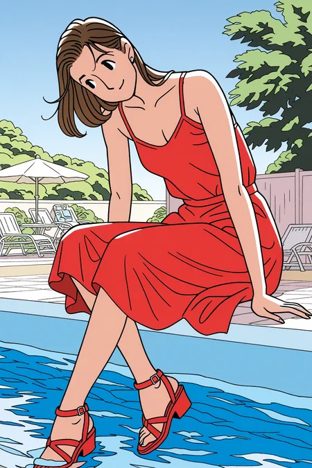wataseizo,1girl,A digital drawing depicts a young woman with short brown hair in a red sundress,sitting by a pool. She gazes thoughtfully at the water,with a pair of red sandals and a book nearby. The background features a serene blue sky,