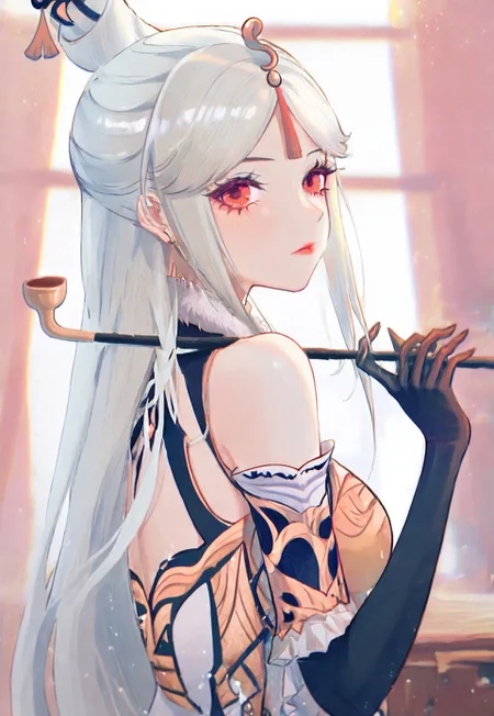 yutou \(yutou75\), genshin impact, ningguang \(genshin impact\), 1girl, black gloves, china dress, chinese clothes, chinese hairpin, cigarette, dress, elbow gloves, eyebrows hidden by hair, gloves, hair ornament, holding, holding smoking pipe, indoors, long hair, looking at viewer, looking back, off shoulder, red eyes, smoking pipe, solo, upper body, white hair