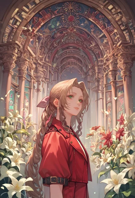 (score_10, score_9_up, score_8_up, score_7_up,) 1girl, aerith gainsborough, brown hair, braid, long hair, green eyes, hair ribbon, pink dress, red jacket, cropped jacket, best quality, high quality, masterpiece, highres, cathedral interior, flower, white lilies, stained glass, asymmetric, extremely detailed CG, extremely detailed 8K wallpaper, extremely detailed character, solo, sharp focus, (dramatic angle:1.2), cinematic lighting, extremely delicate and beautiful, absurdres, incredibly_absurdres, bloom, glow, bokeh, jewelry, ornaments, Painstaking Attention To Details ,s0m