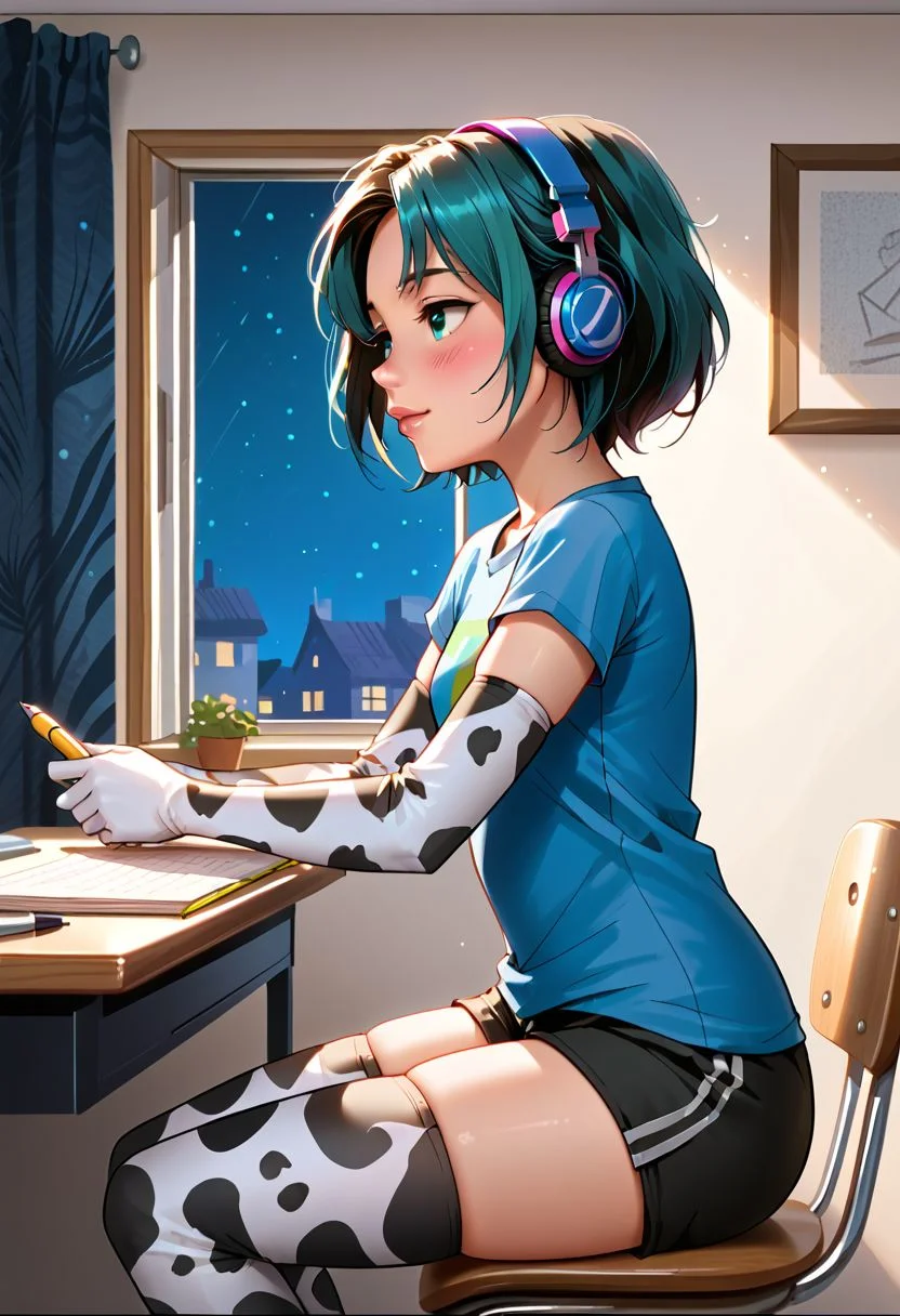 score_9, score_8_up, score_7_up, source_anime, mrls, idemitsu, rating_questionable,
1girl, solo focus, gwentd, two-tone hair, lipstick, makeup, dark_green_eyes, loose t-shirt, shorts, headphones,(cow_print_elbow_gloves_cow_print:1.3, cow_print_thigh_highs:1.3), from side, sitting at desk, drawing, head in hand, looking down at desk,
detailed background, apartment interior, open window, (night:1.5)