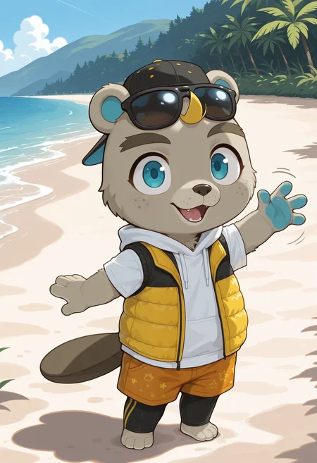 masterpiece,best quality,amazing quality, 1boy, solo, c33j4y, furry, black backwards hat, sunglasses, blue eyes, white hoodie, yellow open vest, orange shorts, black leggings, tail, chibi, outdoors, beach, waving,