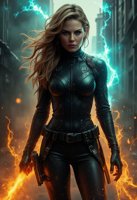 Photorealism, Cinematic style, high fidelity, realism, chiaroscuro, play of shadow and light, rays of light, tilt-shift photo. woman practicing magic. She stands in a confident, almost predatory stance. urban comics, marvel, sci-fi, high tech, iconographic, glitchy background, watercolor, ink, fog, interactive, high detail, <lora:Magic of Art (FLUX):0.5> <lora:jennifer-morrison:1>