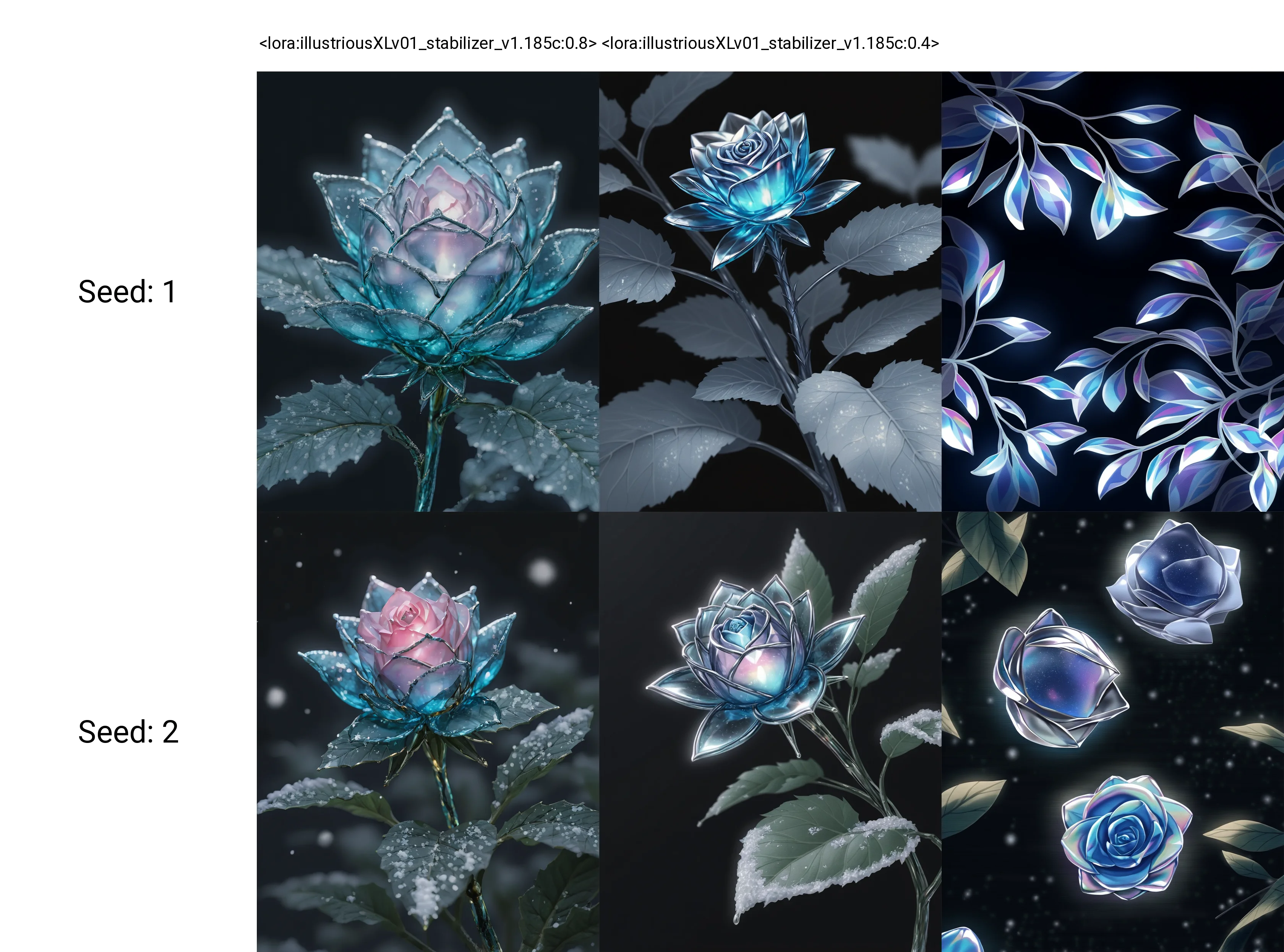 <lora:illustriousXLv01_stabilizer_v1.185c:0.8>a blue ice rose,close-up,transparent,leaf,Iridescent light,snow,black background,masterpiece,high contrast,