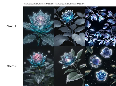 <lora:illustriousXLv01_stabilizer_v1.185c:0.8>a blue ice rose,close-up,transparent,leaf,Iridescent light,snow,black background,masterpiece,high contrast,