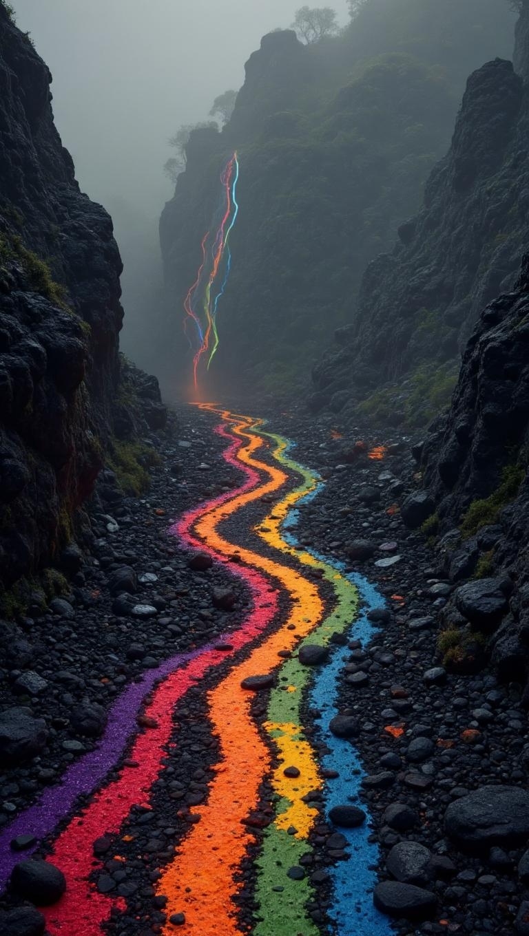 <lora:zavy-flrscnt-flx.safetensors:1> zavy-flrscnt,
The photograph depicts a strikingly colorful scene set amidst a misty backdrop, its bold stripes of red, orange, yellow, green, blue, and purple creating a whimsical gothic atmosphere. The composition expertly blends modernity and tradition with nature, resulting in a captivating visual juxtaposition.Reimagined mountain print features a possessed landscape: twisted highway, contorted faces, glowing symbols, and an eerie atmosphere of malevolent energy.