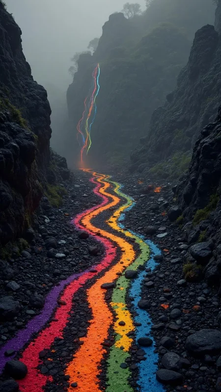 <lora:zavy-flrscnt-flx.safetensors:1> zavy-flrscnt,
The photograph depicts a strikingly colorful scene set amidst a misty backdrop, its bold stripes of red, orange, yellow, green, blue, and purple creating a whimsical gothic atmosphere. The composition expertly blends modernity and tradition with nature, resulting in a captivating visual juxtaposition.Reimagined mountain print features a possessed landscape: twisted highway, contorted faces, glowing symbols, and an eerie atmosphere of malevolent energy.