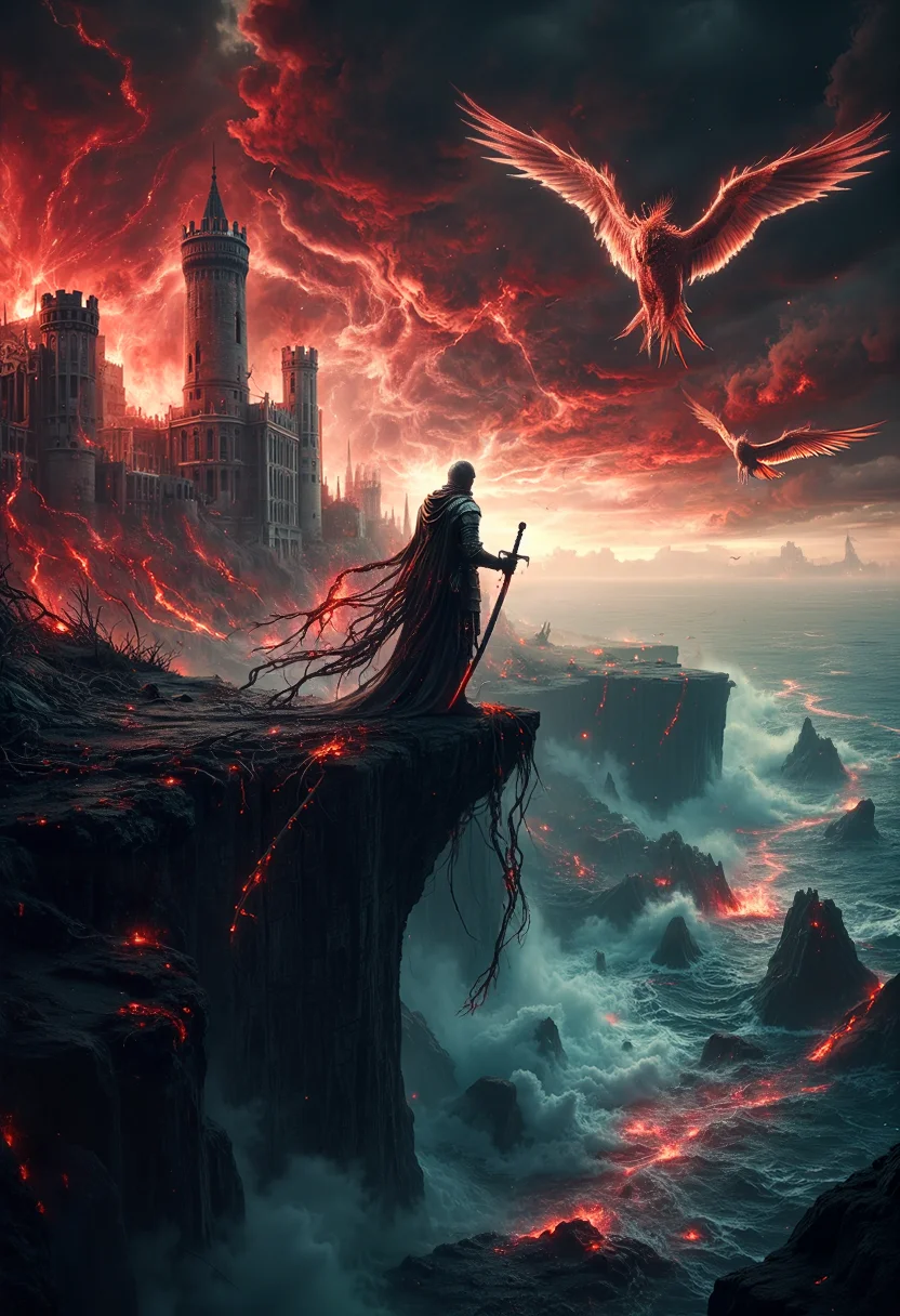 hyper realistic surreal photography of a knight in full armor stands on the edge of a cliff overlooking a sea of bones stretching to the horizon. His sword is plunged deep into the ground, and around the hilt, vines made of glowing veins pulse faintly with light, crawling up his arm. The sky above is a swirling mass of red and black clouds, with massive, spectral birds circling overhead. Behind him, the decaying remains of a once-grand castle sit on the cliffside, partially consumed by the encroaching bone sea, while distant whispers seem to echo from the abyss below. symmetric composition, low camera angle, bokeh, masterpiece, high quality, professional photography, film grain, hyper detailed, surreal, <lora:flux_realism_lora:0.7> <lora:fluxenhancer:0.2> <lora:Aura_Flux:0.3> <lora:Dever_Flux_Enhancer:.5>