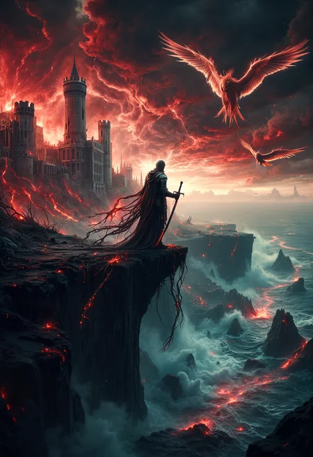 hyper realistic surreal photography of a knight in full armor stands on the edge of a cliff overlooking a sea of bones stretching to the horizon. His sword is plunged deep into the ground, and around the hilt, vines made of glowing veins pulse faintly with light, crawling up his arm. The sky above is a swirling mass of red and black clouds, with massive, spectral birds circling overhead. Behind him, the decaying remains of a once-grand castle sit on the cliffside, partially consumed by the encroaching bone sea, while distant whispers seem to echo from the abyss below. symmetric composition, low camera angle, bokeh, masterpiece, high quality, professional photography, film grain, hyper detailed, surreal,  <lora:flux_realism_lora:0.7> <lora:fluxenhancer:0.2> <lora:Aura_Flux:0.3> <lora:Dever_Flux_Enhancer:.5>