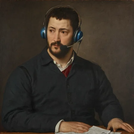 Painting of detailed of office worker with headset AH_Titian   <lora:Paintings_by_Titian_-_Venetian_Renaissance:1>