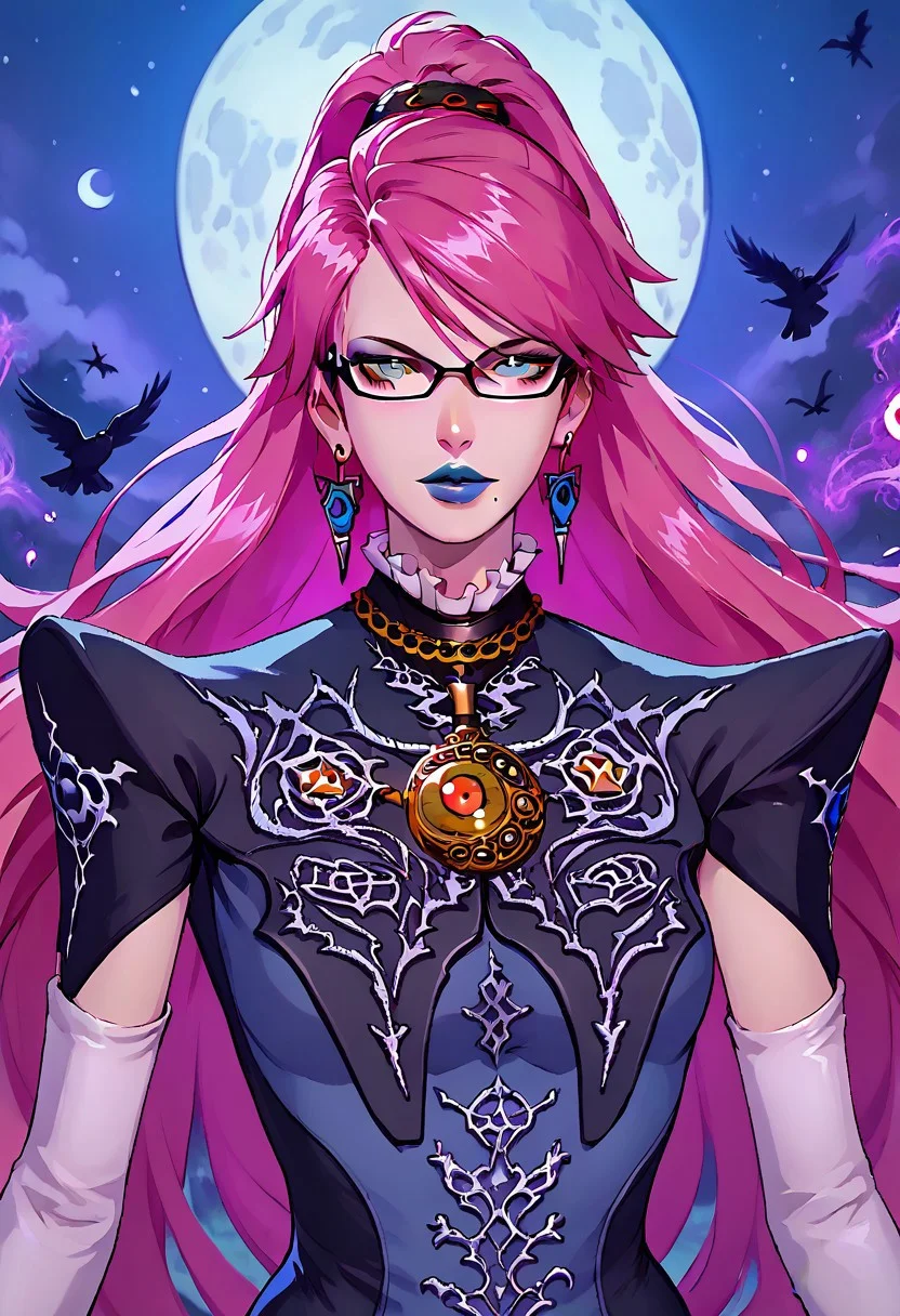 upper body, half body, BayonettaSDXL, Bayonetta2, 1girl, solo, focus, magic, dark shadows magic, long hair, looking at viewer, absurdly long hair, ponytail, Floor length air gray eyes, pink hair, blue lipstick, gloves, jewelry, very long hair, tall girl, earrings, parted lips, glasses, elbow gloves, white gloves, mole, lips, bodysuit, makeup, night, moon, lipstick, mole under, r mouth, full moon, amulet, bayonetta, cowboy shot,, crowmancer, crow flock, drawing dark magic circles with shadows, bold, striking, cowboy shot, easynegative, flat color, dark theme, g4n1m3, shadow magic, arkane_dark, night, night lights, dynamic pose, dynamic angle, Vintage BREAK score_9, score_8_up, score_7_up, score_6_up, source_anime,