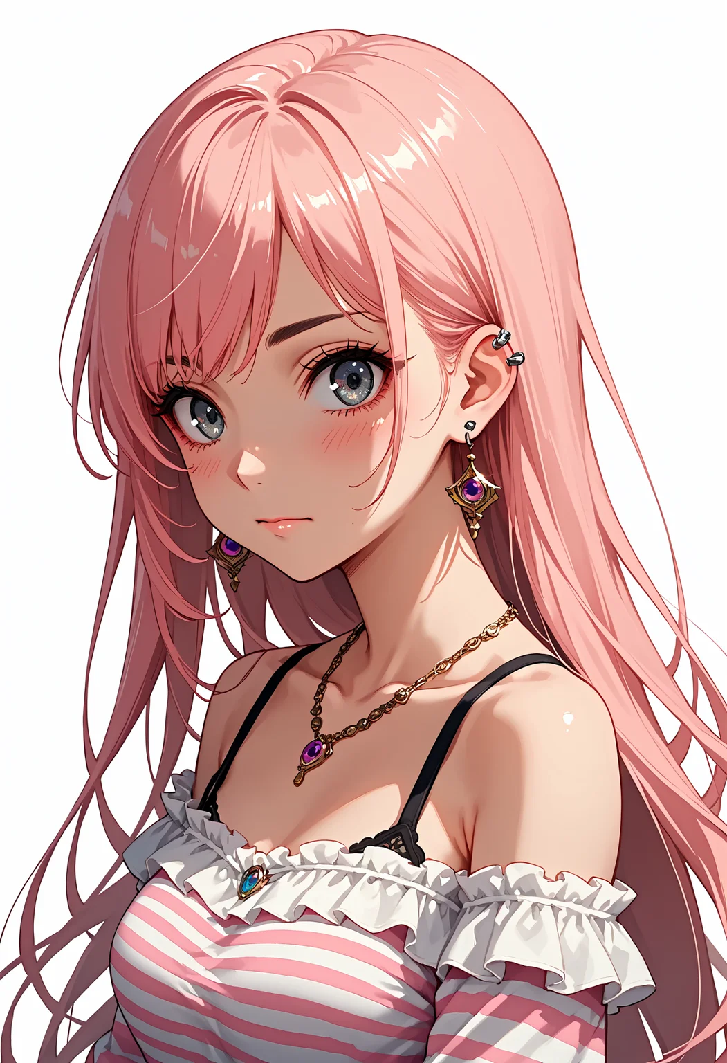 artist:, PonyScores7, source_anime, very aesthetic, anime screencap, anime coloring, dynamic view, 1girl, pink hair, solo, striped clothes, jewelry, earrings, long hair, bare shoulders, striped shirt, simple background, white background, striped sleeves, upper body, shirt, piercing, breasts, necklace, artist name, collarbone, ear piercing, closed mouth, blush, grey eyes, off shoulder, long sleeves, signature, from side, eye_focus, looking_at_viewer, beautiful, detailed background, perfect eyes, perfect hands, detailed hands, masterpiece, best quality, good quality, newest, very awa,
<lora:zy_Detailed_Backgrounds_v1:1.5> <lora:StS_PonyXL_Detail_Slider_v1.4_iteration_3:2> <lora:Eyes_Lora_Pony_Perfect_eyes:1> <lora:Expressive_H:1>