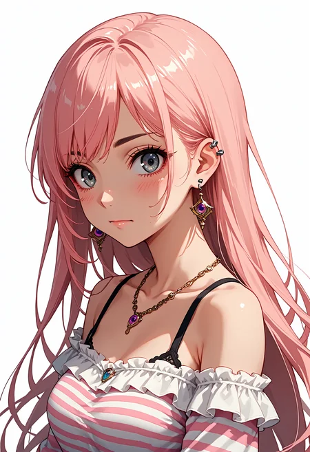 artist:, PonyScores7, source_anime, very aesthetic, anime screencap, anime coloring, dynamic view, 1girl, pink hair, solo, striped clothes, jewelry, earrings, long hair, bare shoulders, striped shirt, simple background, white background, striped sleeves, upper body, shirt, piercing, breasts, necklace, artist name, collarbone, ear piercing, closed mouth, blush, grey eyes, off shoulder, long sleeves, signature, from side, eye_focus, looking_at_viewer, beautiful, detailed background, perfect eyes, perfect hands, detailed hands, masterpiece, best quality, good quality, newest, very awa,
<lora:zy_Detailed_Backgrounds_v1:1.5> <lora:StS_PonyXL_Detail_Slider_v1.4_iteration_3:2> <lora:Eyes_Lora_Pony_Perfect_eyes:1> <lora:Expressive_H:1>