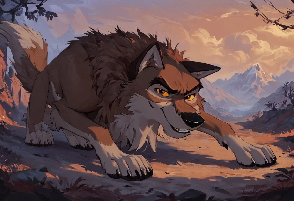 score_9, score_8_up, score_7_up, score_6_up, score_5_up, score_4_up, source_furry, hi res, concept art, in forest, sunny, mountain landscape, fields, night, solo, Balto, wolf, wolfdog, wearing an orange kerchief, yellow sclera, brown eyes, looking at viewer, determined, looking focused, smile, male, laying on ground, feet, wolf feet, four toed wolf feet, black foot pads, relaxing pose