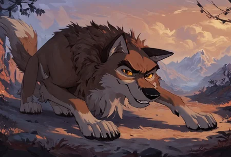 score_9, score_8_up, score_7_up, score_6_up, score_5_up, score_4_up, source_furry, hi res, concept art, in forest, sunny, mountain landscape, fields, night, solo, Balto, wolf, wolfdog, wearing an orange kerchief, yellow sclera, brown eyes, looking at viewer, determined, looking focused, smile, male, laying on ground, feet, wolf feet, four toed wolf feet, black foot pads, relaxing pose
