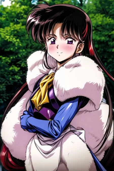 best quality 1girl Setsun4 solo long hair, (night time) forest background black hair very long hair purple eyes multicolored hair armor, small, (fur trim) (medium body),<lora:EMS-179-EMS:0.800000>,<lora:EMS-293862-EMS:0.800000> bow, hair_bow, hair_tubes, red_bow, brown_hair, long_hair, bangs, ascot, frilled_bow, yellow_ascot, blush, smile, hair_between_eyes, athletic, armor, miko, strengthmda, Smiling, happy, helmet