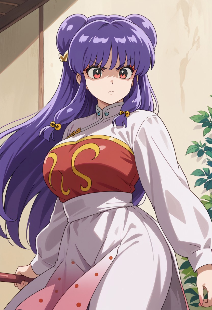 (masterpiece), best quality, expressive eyes, perfect face, score_9, score_8_up, score_7_up, source_anime, ((body focus, breasts focus)), detailed eyes, slim body, 1girl, huge breasts, purple hair, long hair, red eyes, Shampoo, shampoo, shampoo (ranma 1/2), long hair, hair ornament, red eyes, purple hair, hair bun, double bun, dress, chinese clothes, china dress, red dress, long sleeves,