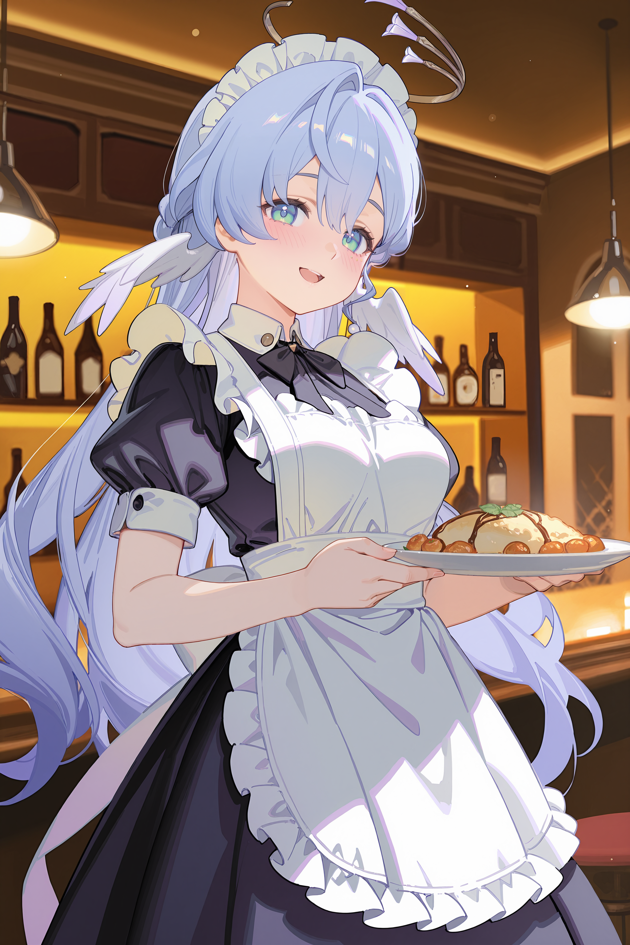 1girl, solo, robin \(honkai: star rail\), halo, head wings, solo, maid, maid headdress, maid apron, embarrassed,  open mouth, blush, smile, open mouth, holding plate, looking at viewer, cowboy shot, bar \(place\), indoors, depth of field <lora:Char-HonkaiSR-Robin-V2-IL:0.9:hr=0.7>,  kanzaki hiro, ciloranko, alphonse \(white datura\), (ask \(askzy\), gomzi, you shimizu: 0.7)
masterpiece, best quality, amazing quality, very aesthetic, absurdres, newest, (scenery, volumetric lighting), ray tracing, (bloom:1.4), cinematic