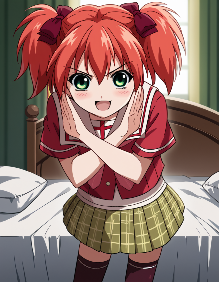score_9, score_8_up, score_7_up, source_anime, <lora:kokoa-shuzen-s2-ponyxl-lora-nochekaiser:1>, kokoa shuzen, twintails, green eyes, red hair, hair bow, short hair,, skirt, thighhighs, school uniform, black thighhighs, plaid, serafuku, red shirt, short sleeves,, bedroom, alarm clock, morning routine, yawning, stretching, on bed,, smile, <lora:x-arms-ponyxl-lora-nochekaiser:1>, x arms, blush, open mouth, leaning forward,, looking at viewer, solo,, dutch angle, cowboy shot